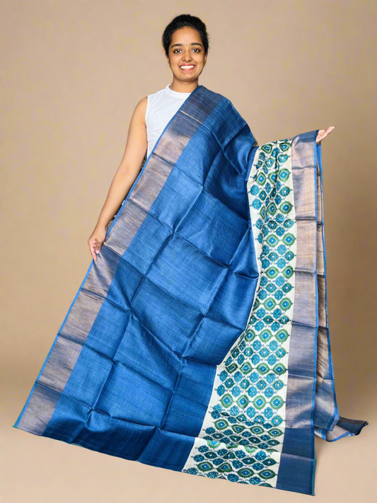 Royal Blue Tussar Silk Saree with Prints