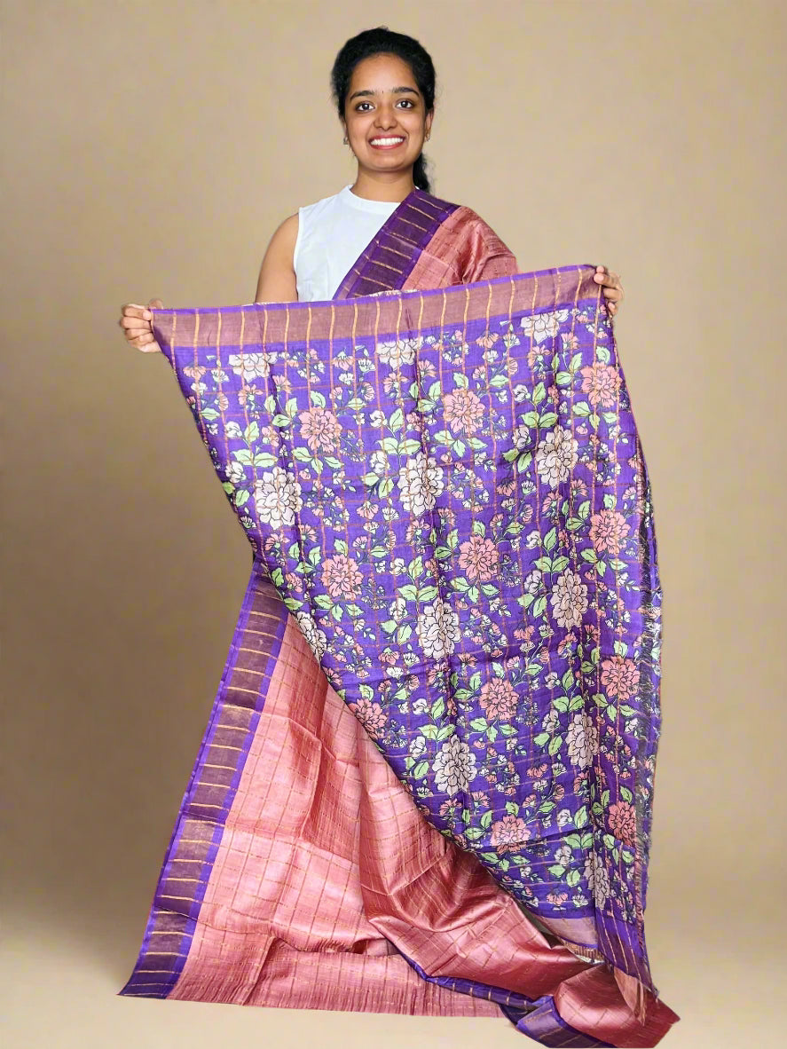 Peach and Violet Tussar Silk Saree with Prints