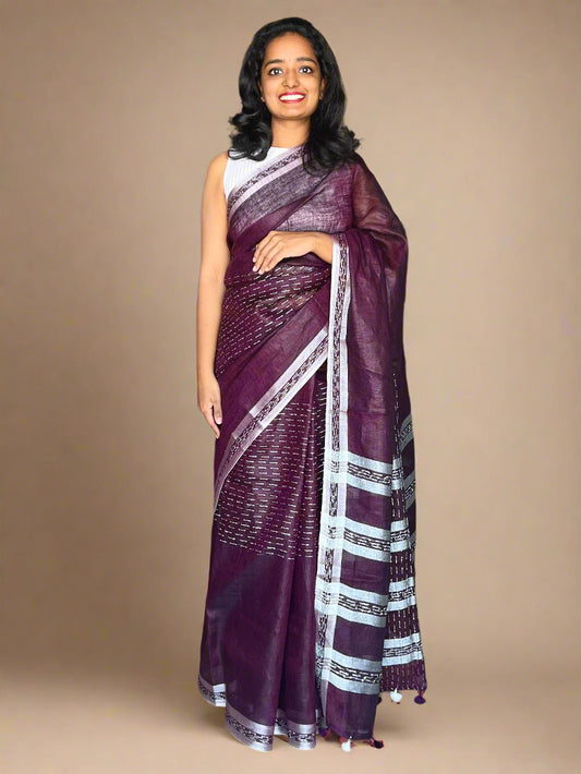 Plum Colour Linen Saree with Kantha Weaves