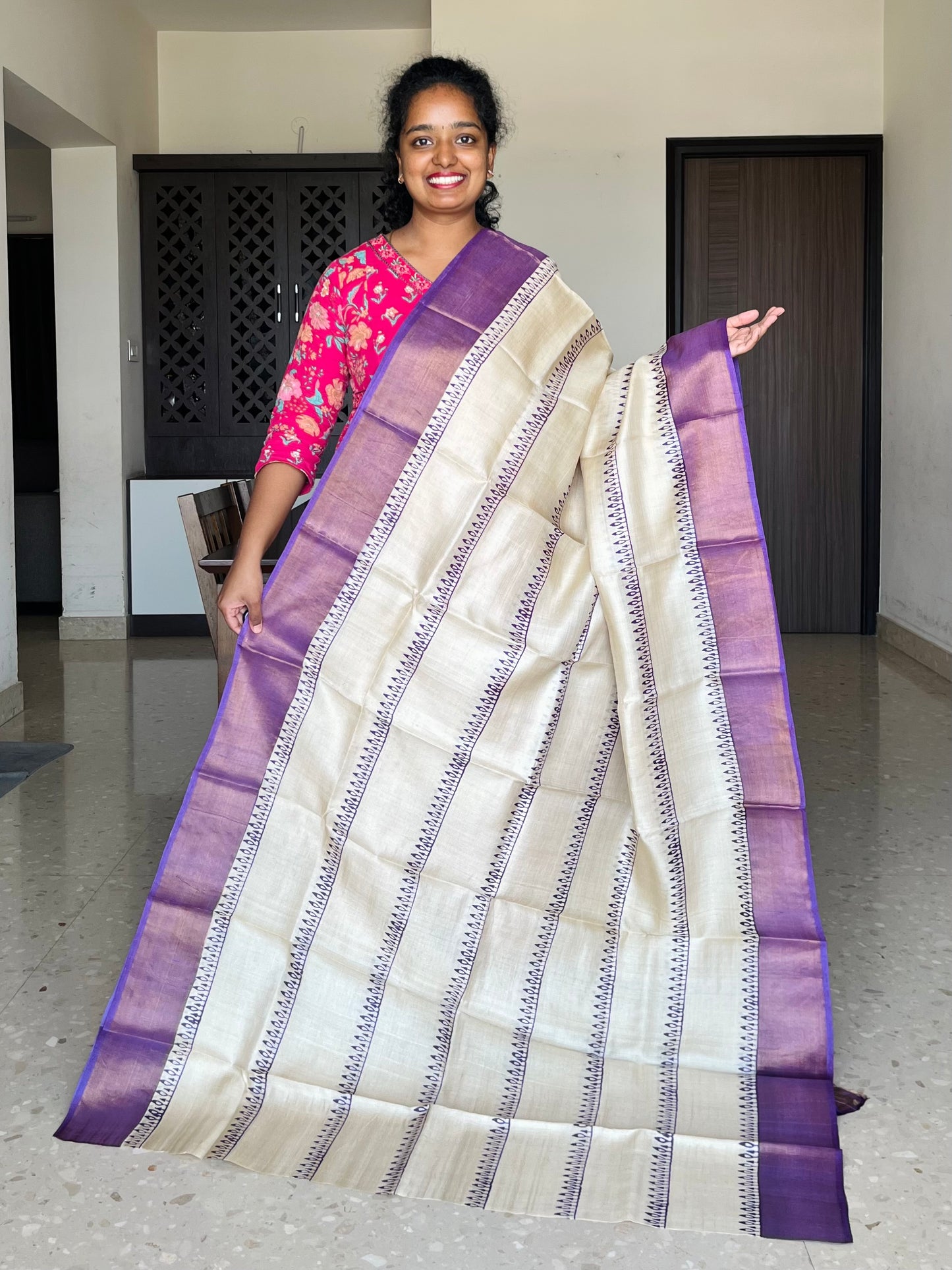 Cream and Violet Tussar Silk Saree with Prints