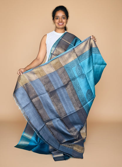 Teal Green Tussar Silk Saree with Prints