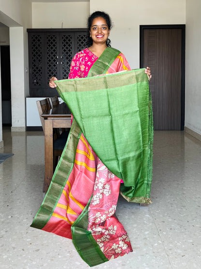Peach and Green Tussar Silk Saree with Prints