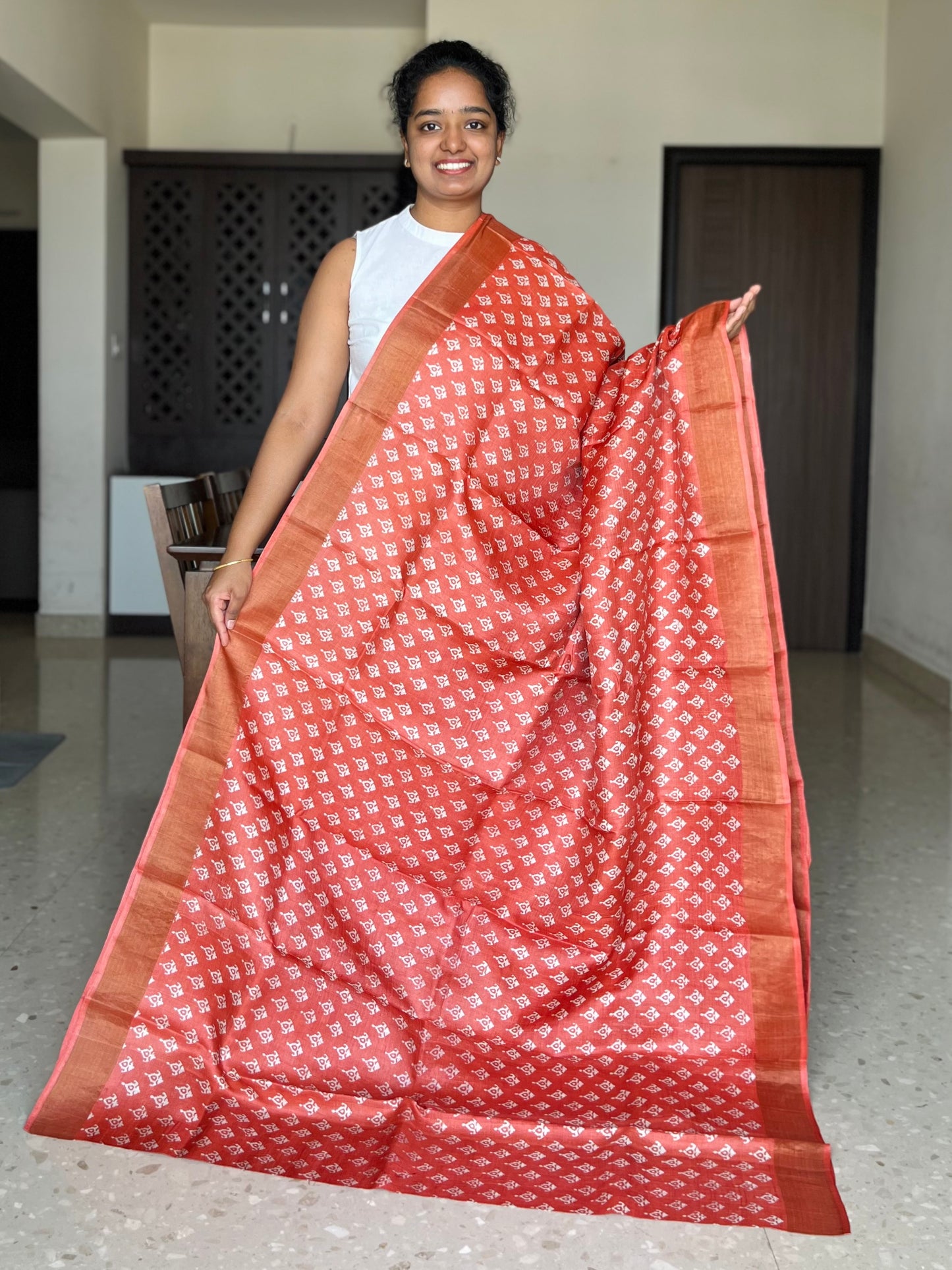 Orange Tussar Silk Saree with Prints
