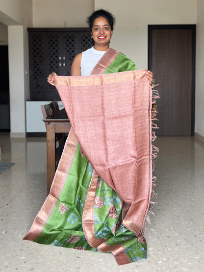 Green and Brown Tussar Silk Saree with Prints
