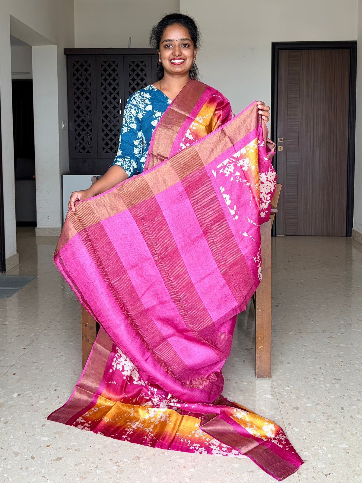 Magenta and Yellow Tussar Silk Saree with Prints