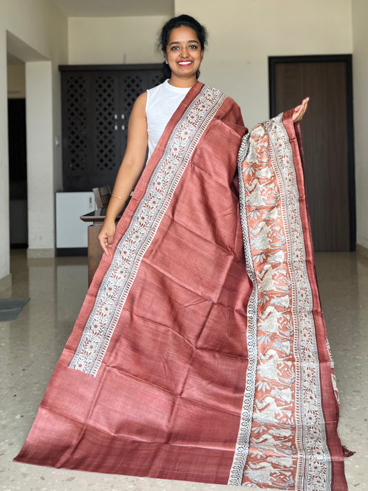 Rust Brown Tussar Silk Saree with Prints