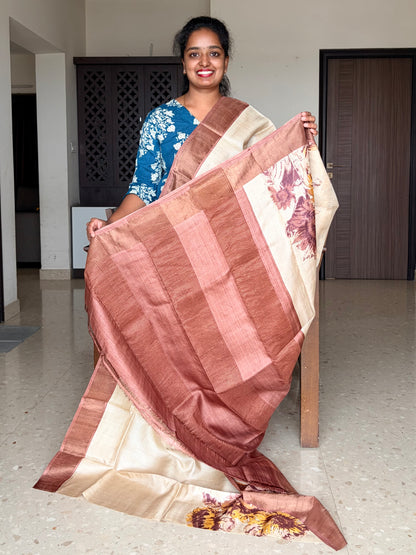 Cream and Brown Tussar Silk Saree with Prints