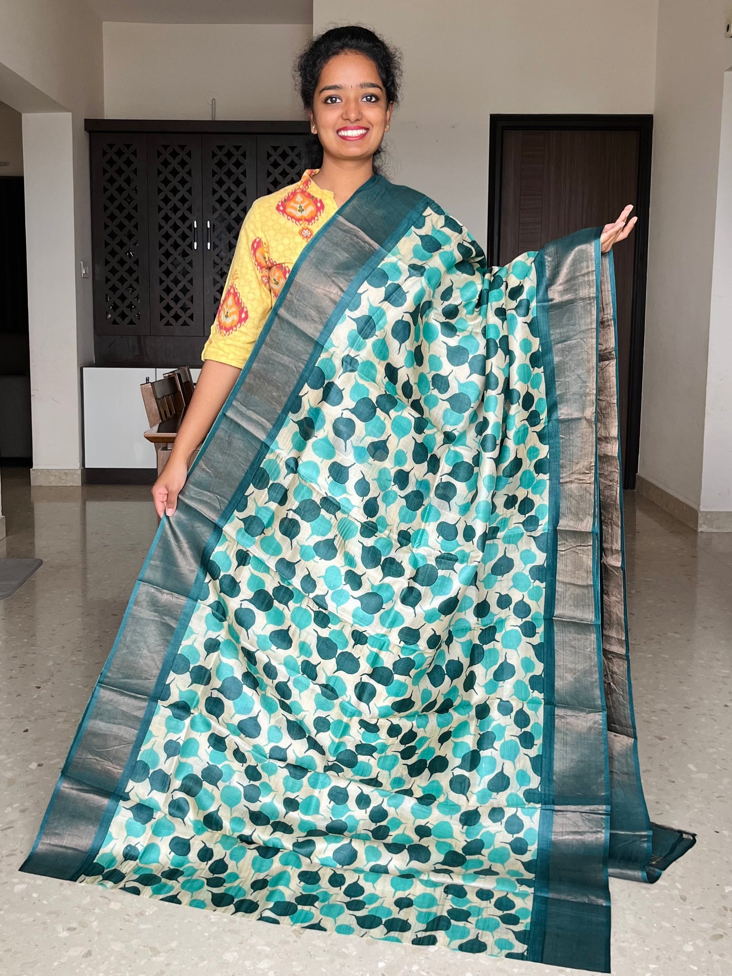 Cream and Teal Tussar Silk Saree with Prints