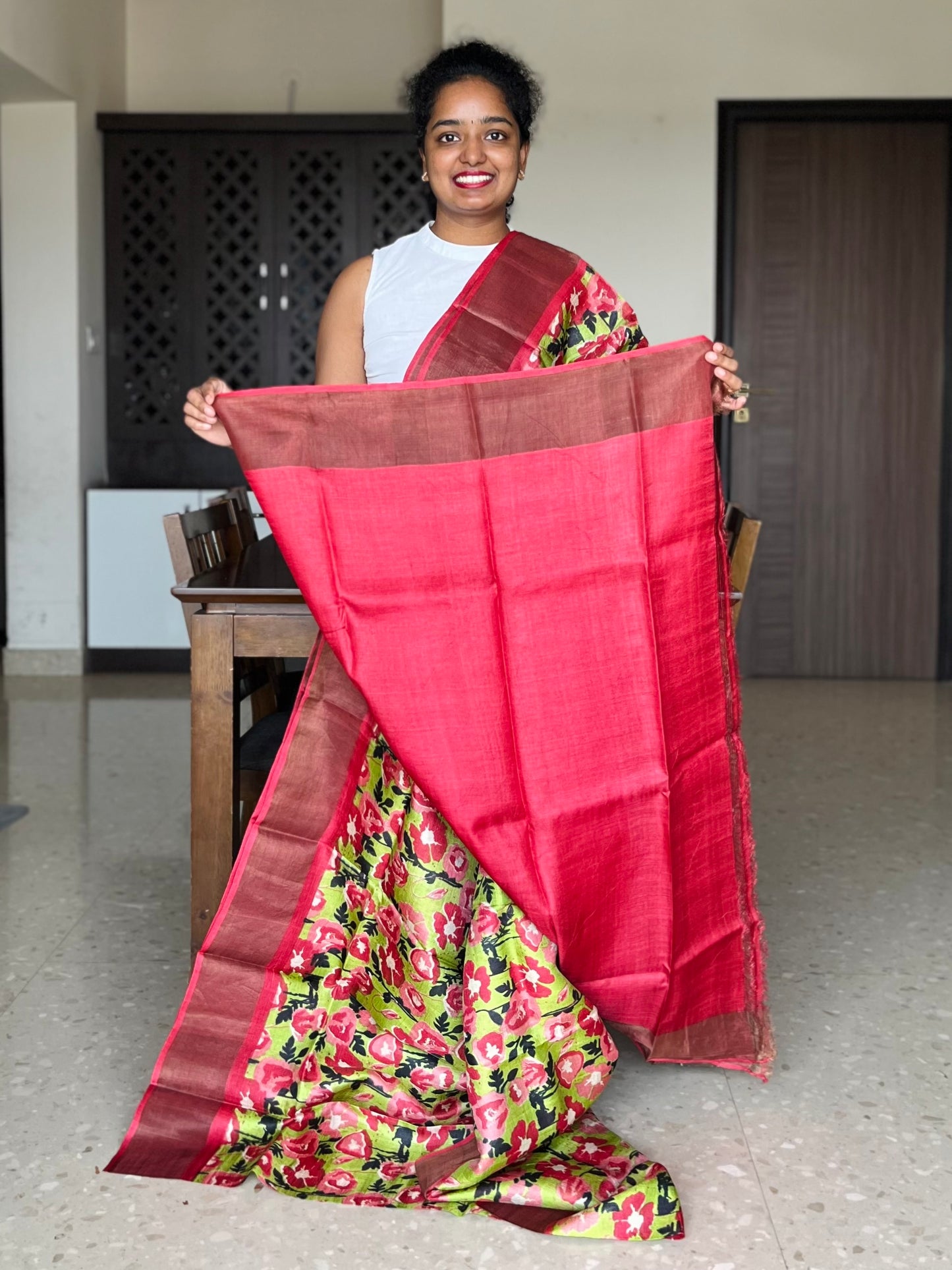 Green and Peach Tussar Silk Saree with Prints