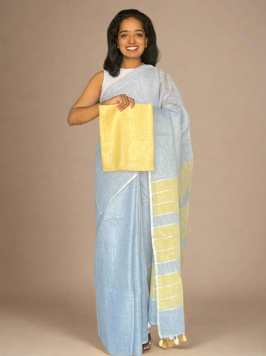 Grey and Yellow Linen Saree