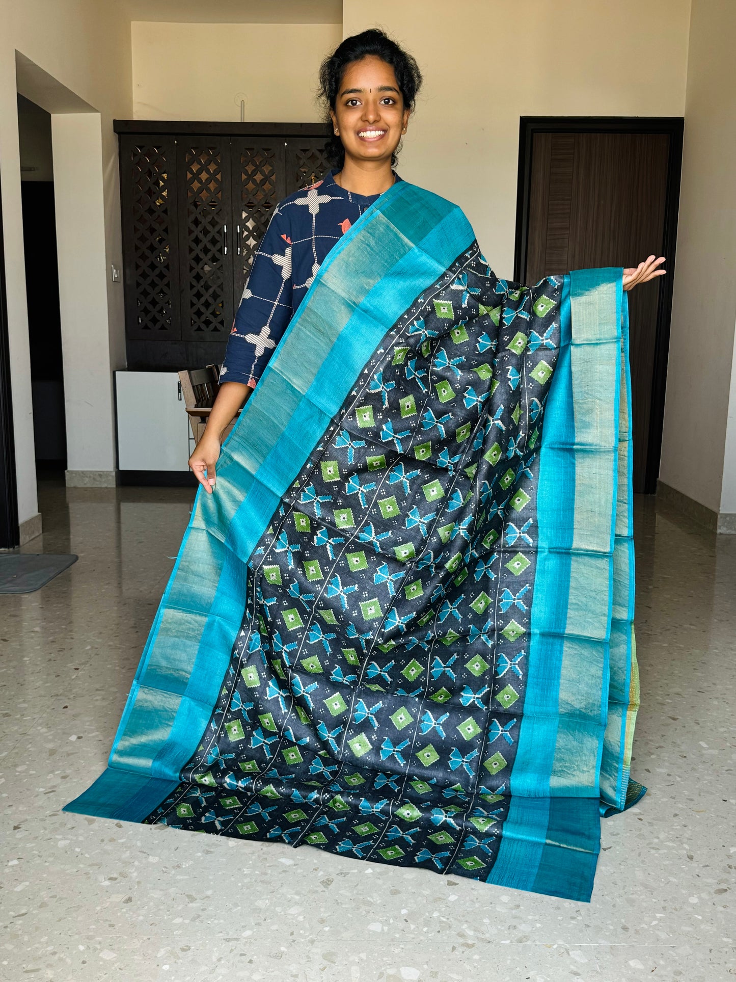 Black and Blue Tussar Silk Saree with Prints