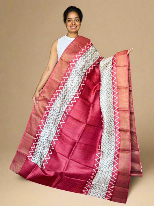 Maroon Tussar Silk Saree with Prints