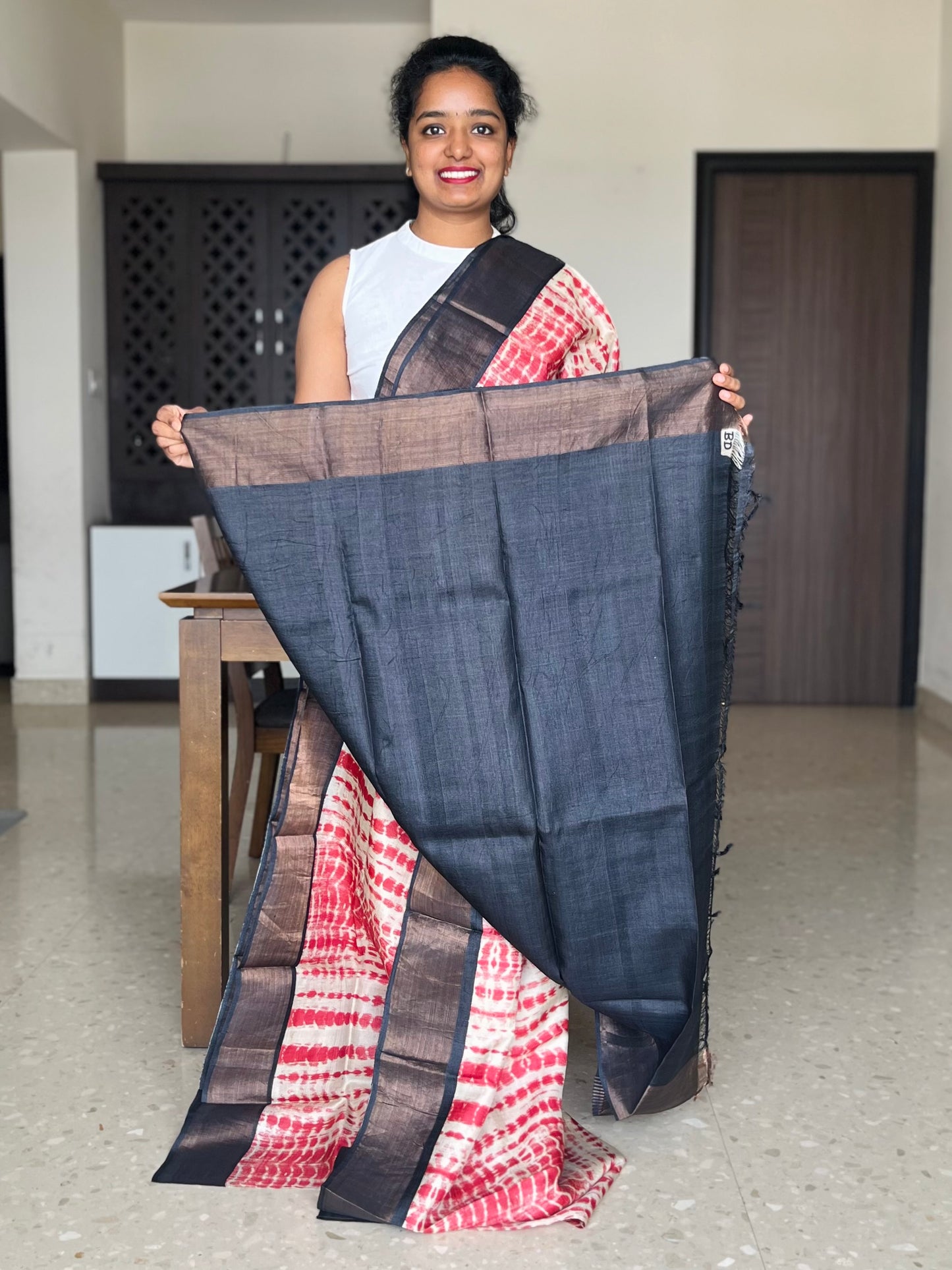 Red and Black Tussar Silk Saree with Prints