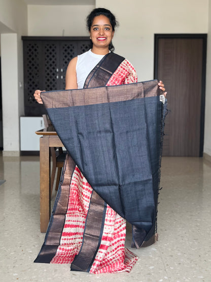 Red and Black Tussar Silk Saree with Prints