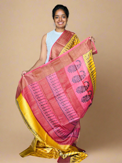 Yellow and Red Tussar Silk Saree with Prints