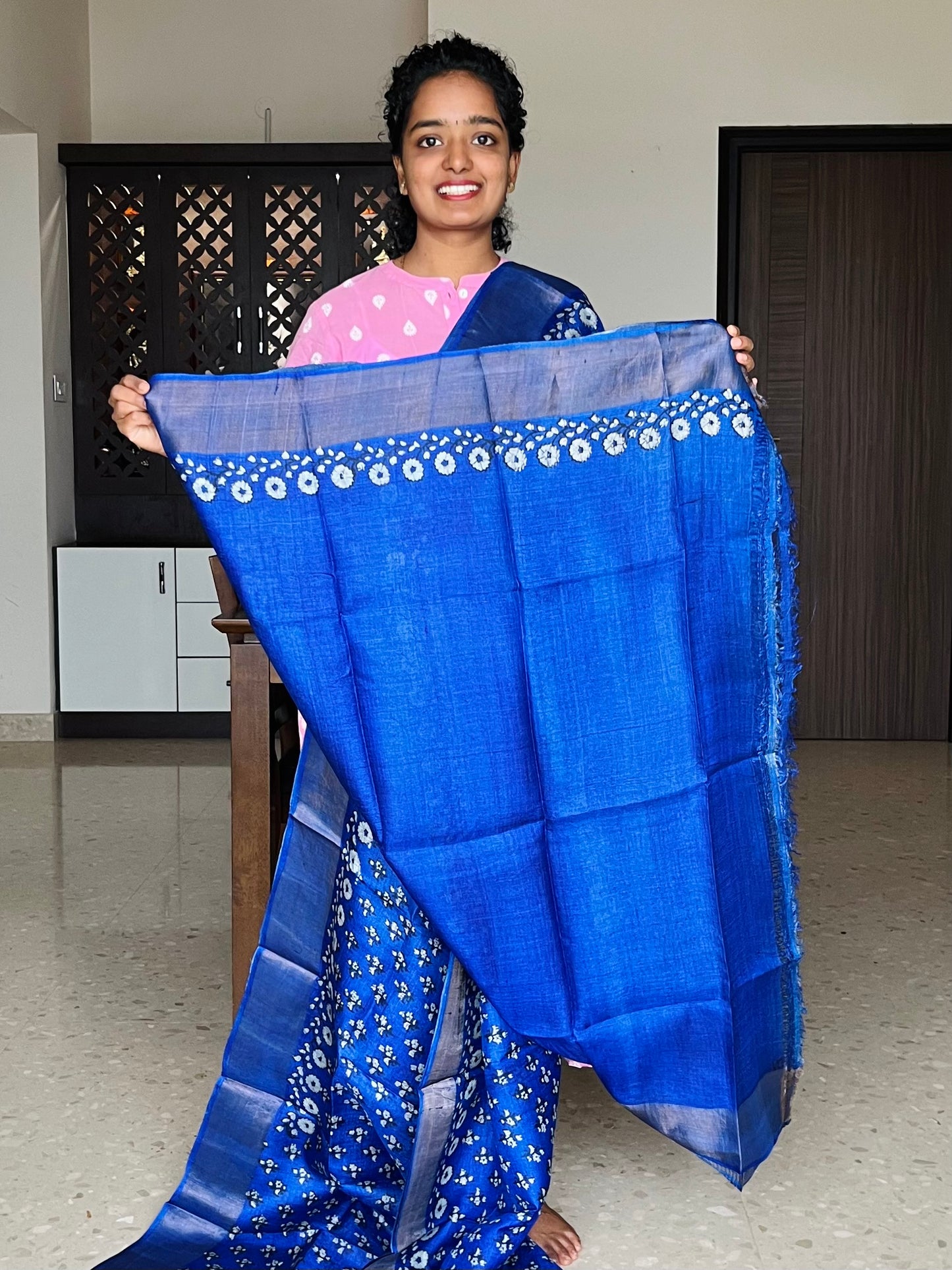 Royal Blue Tussar Silk Saree with Prints
