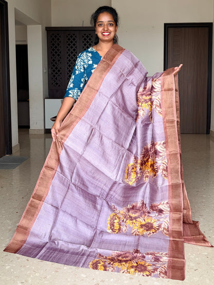 Lilac and Brown Tussar Silk Saree with Prints