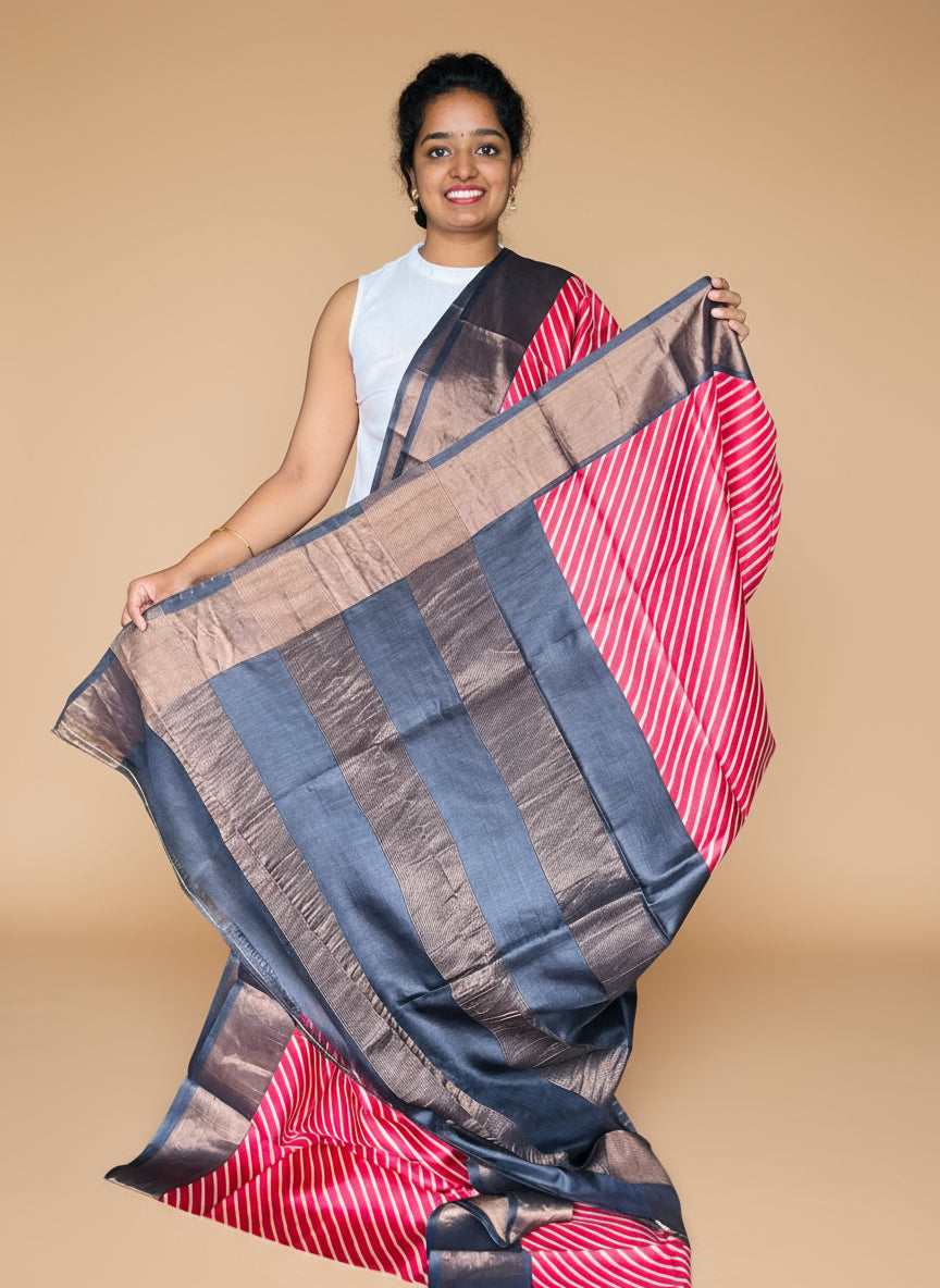 Red and Black Tussar Silk Saree with Prints