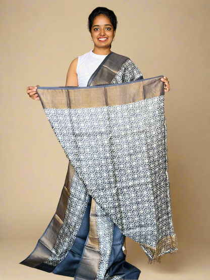 Black Tussar Silk Saree with Prints