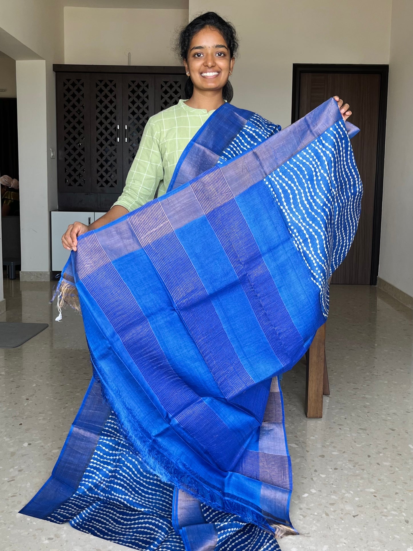 Royal Blue Tussar Silk Saree with Prints