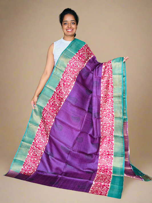 Violet and Blue Tussar Silk Saree with Prints