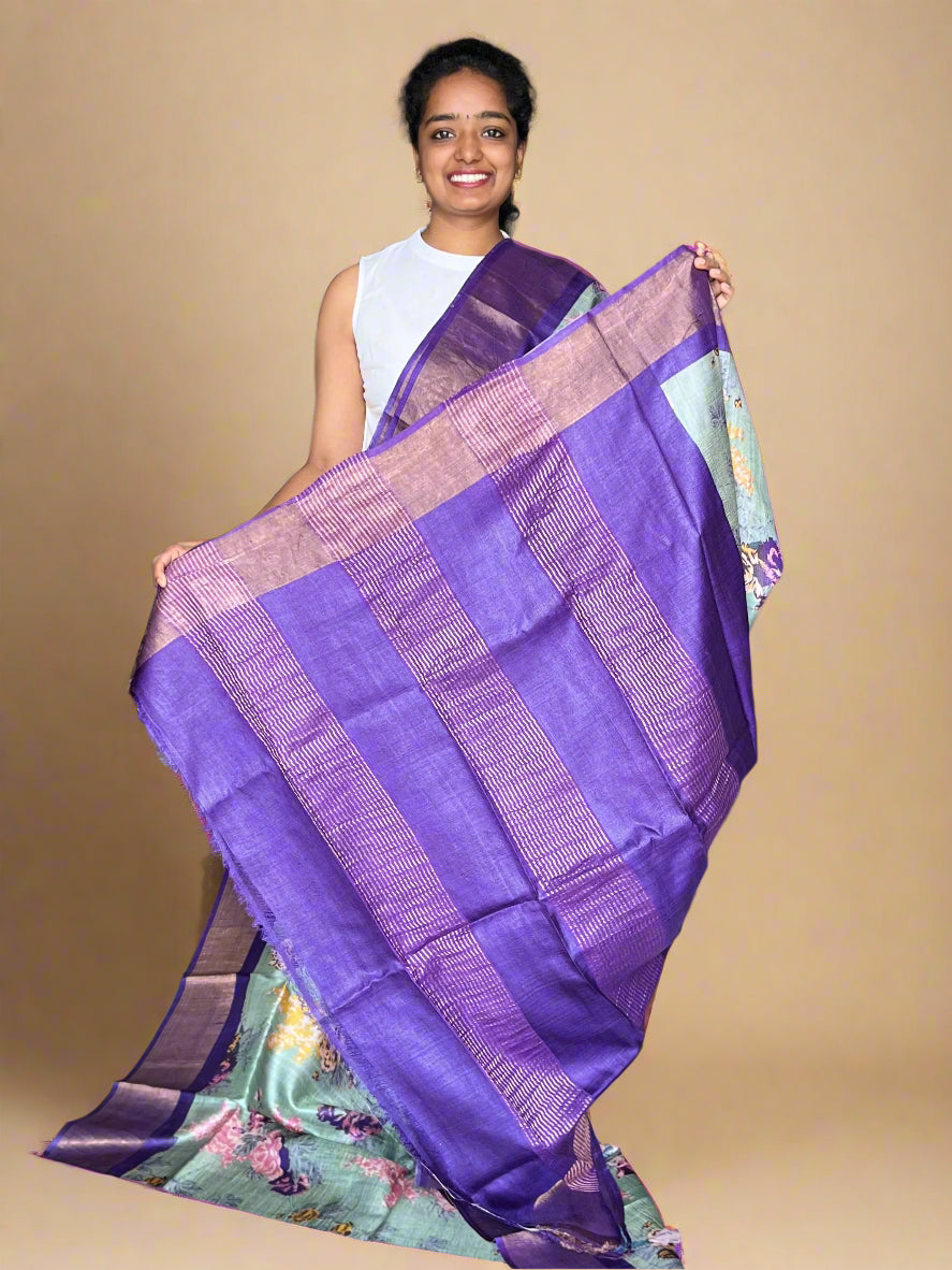 Olive Green and Violet Tussar Silk Saree with Prints