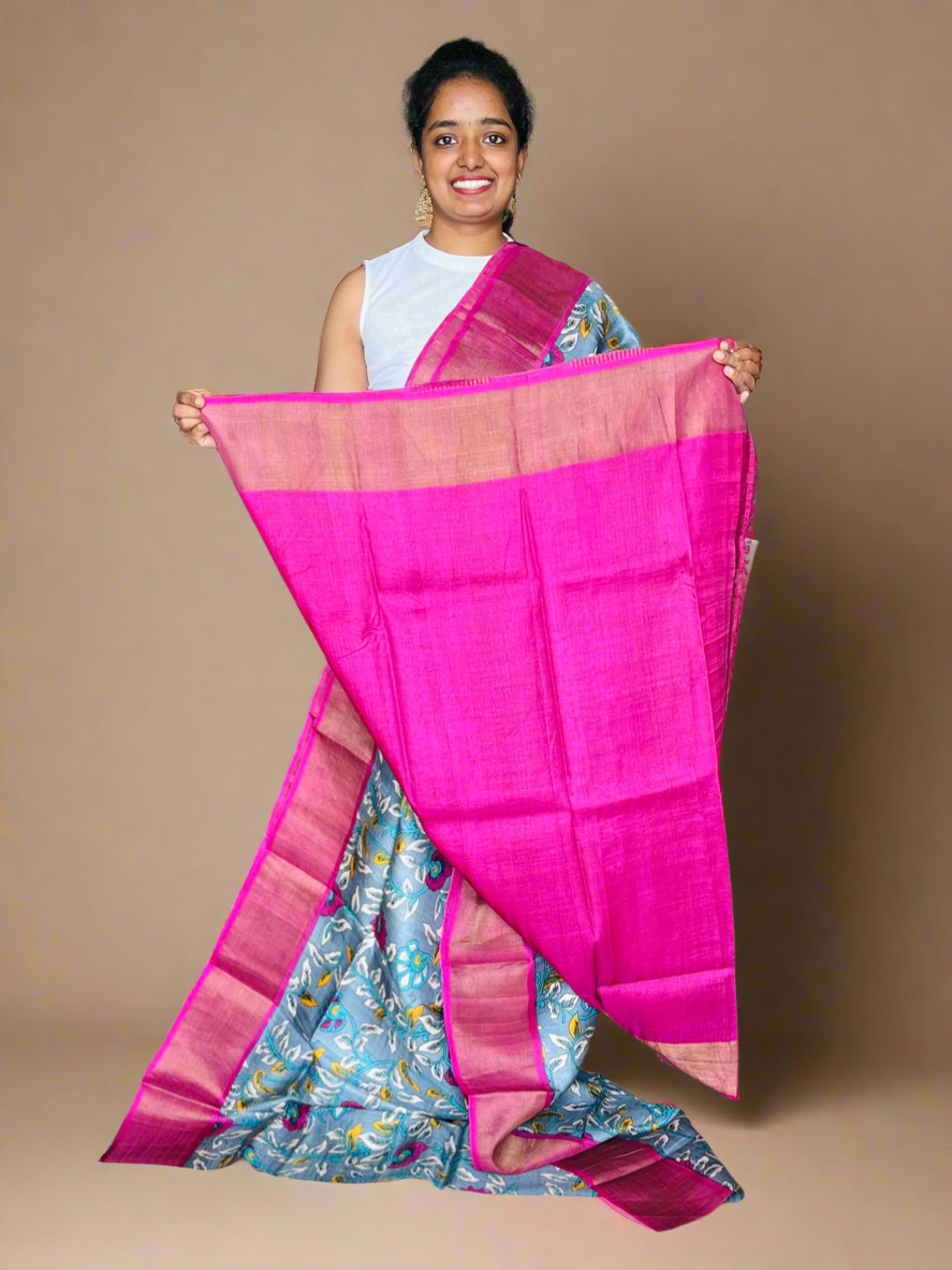 Grey and Magenta Tussar Silk Saree with Prints