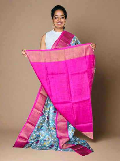 Grey and Magenta Tussar Silk Saree with Prints