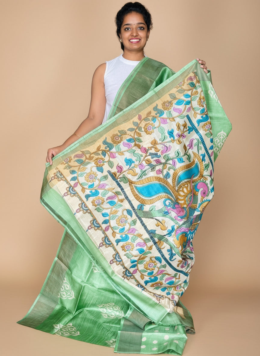 Green Tussar Silk Saree with Prints