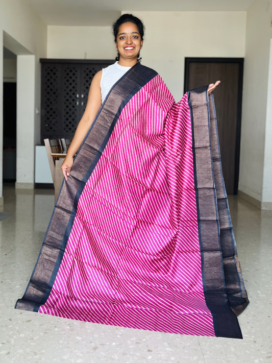 Pink and Black Tussar Silk Saree with Prints