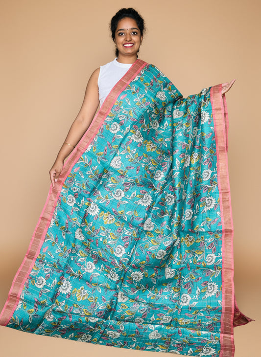 Cyan and Peach Tussar Silk Saree with Prints