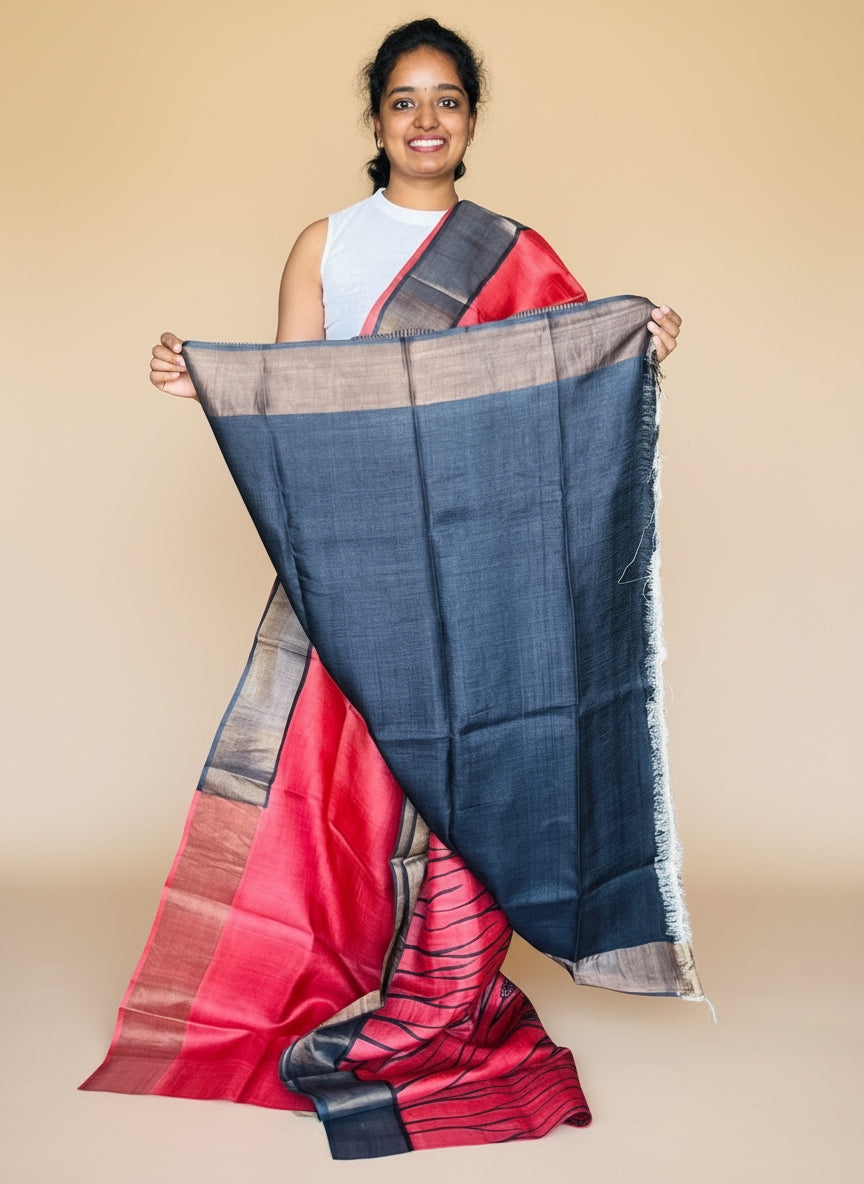 Red and Black Tussar Silk Saree with Prints