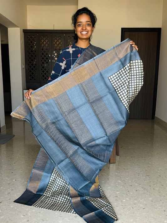 Cream and Grey Tussar Silk Saree with Prints