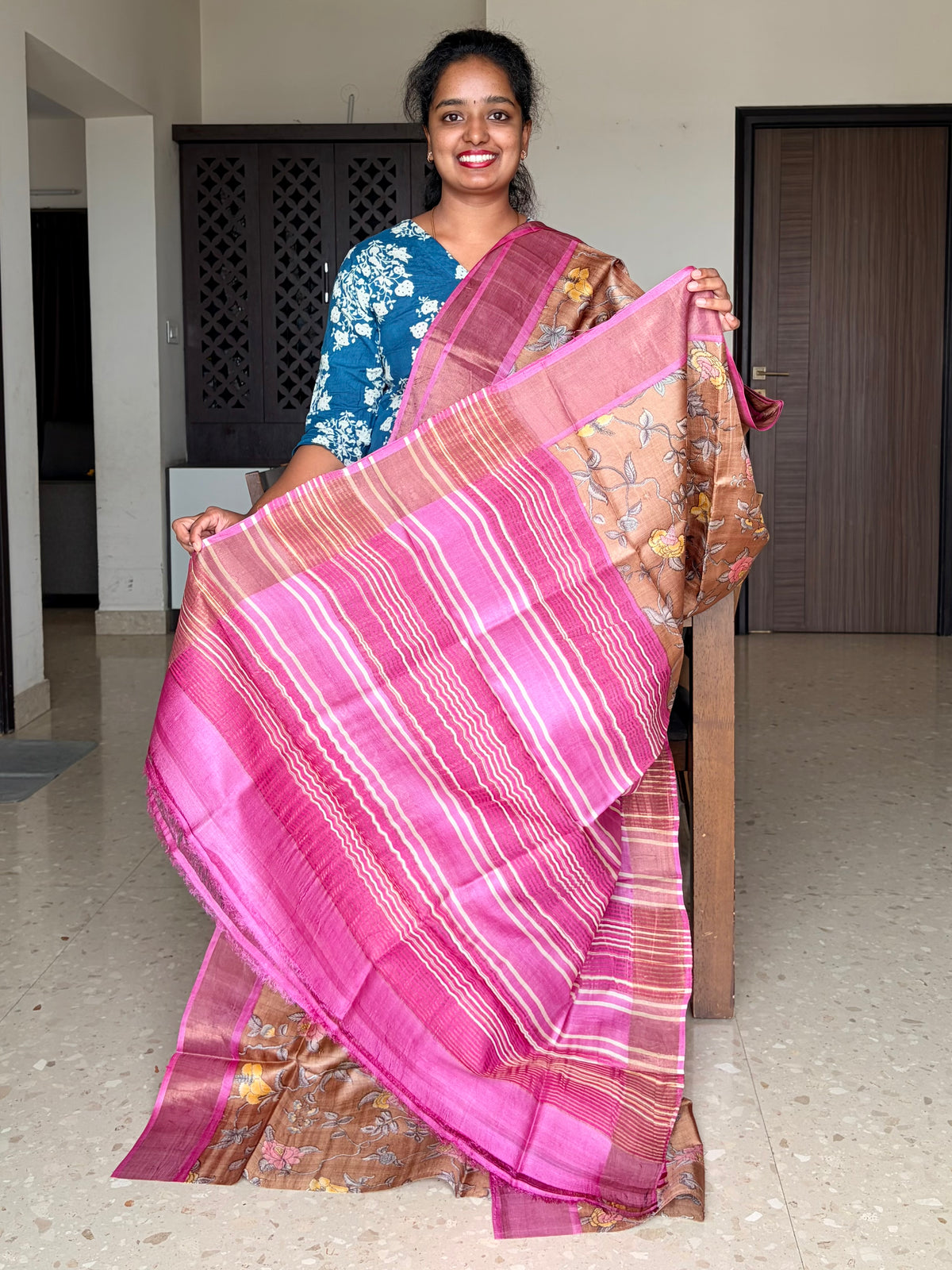 Brown and Magenta Tussar Silk Saree with Prints