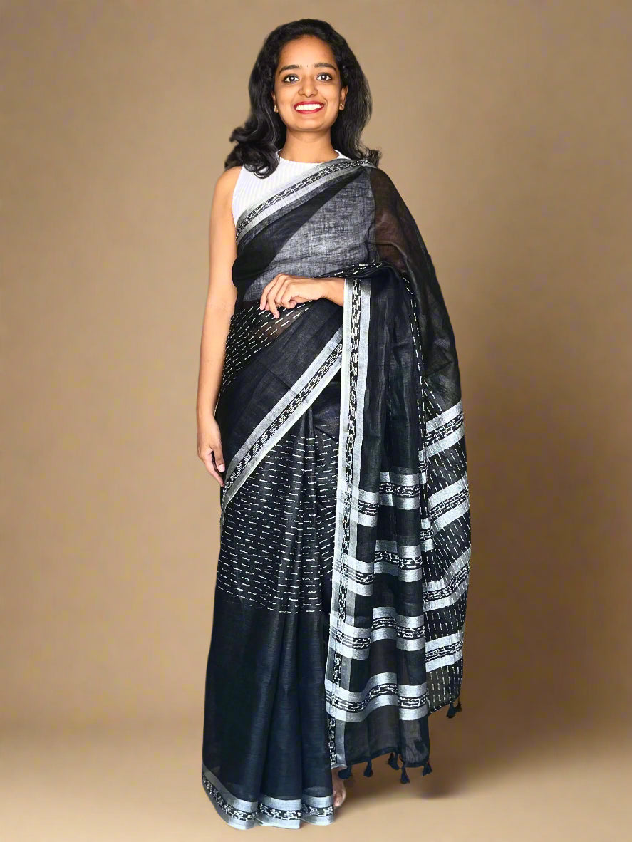 Black Linen Saree with Kantha Weaves