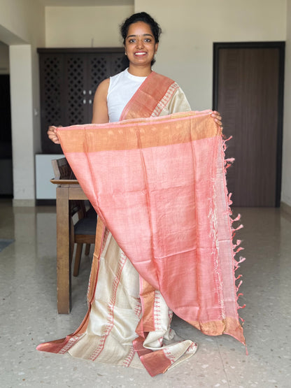 Cream and Peach Tussar Silk Saree with Prints
