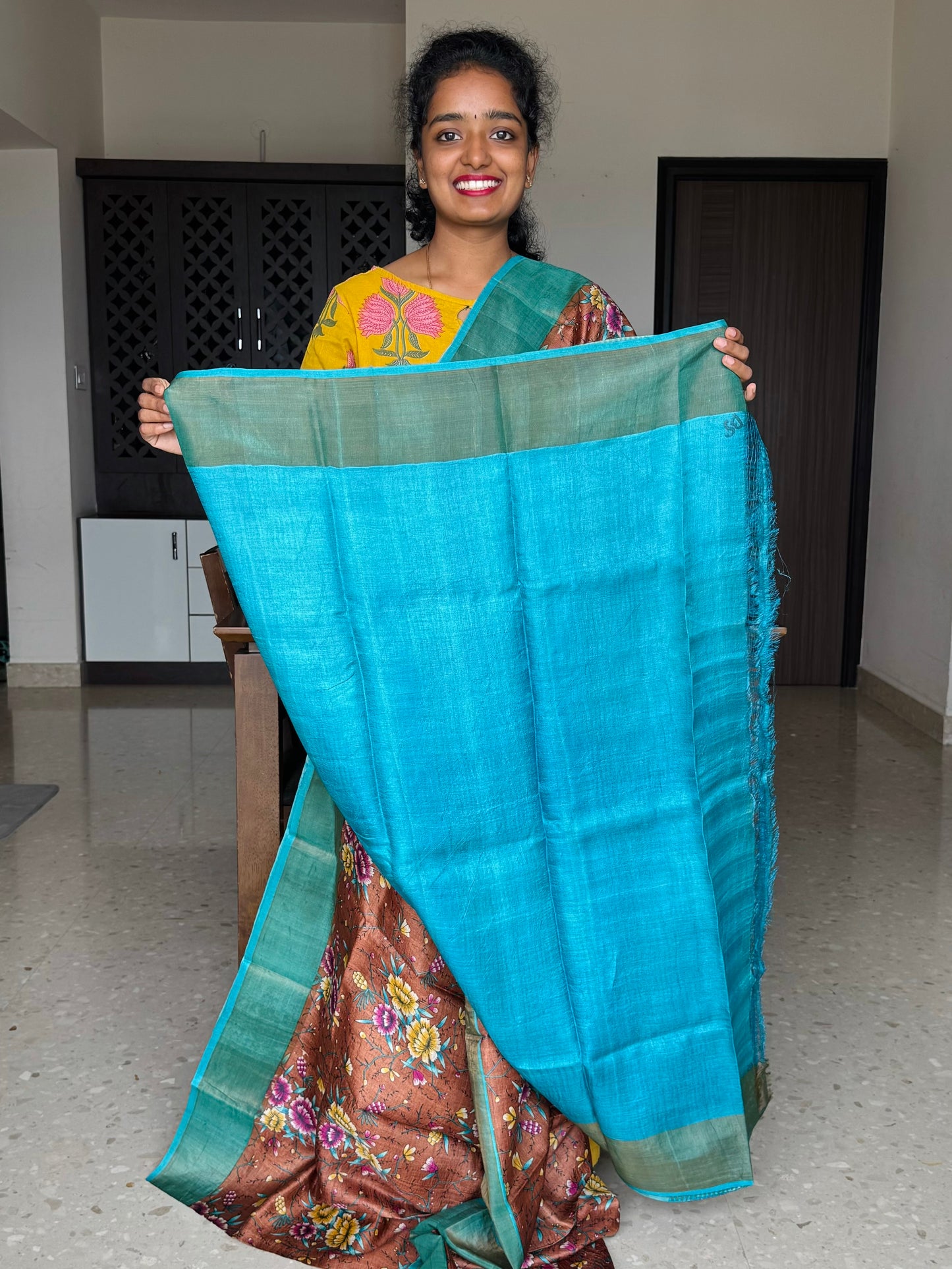 Brown and Blue Tussar Silk Saree with Prints