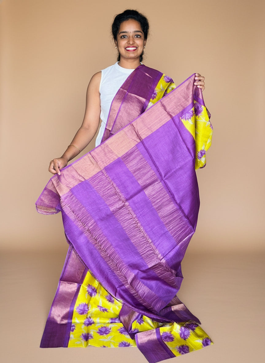 Green and Violet Tussar Silk Saree with Prints