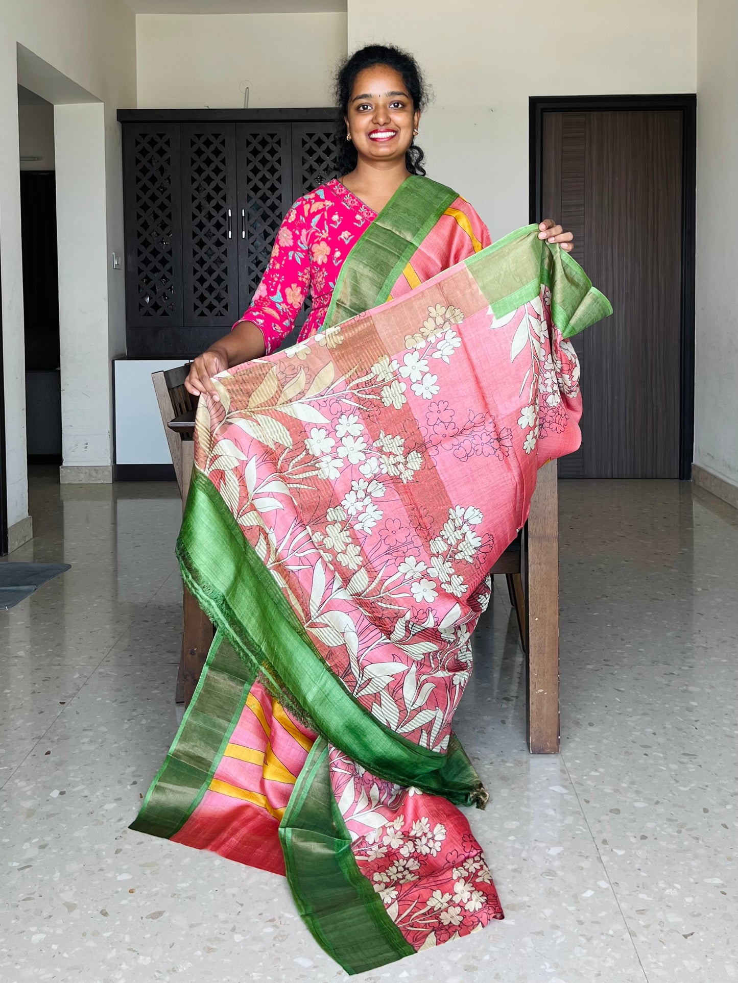Peach and Green Tussar Silk Saree with Prints