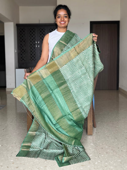 Green Tussar Silk Saree with Prints