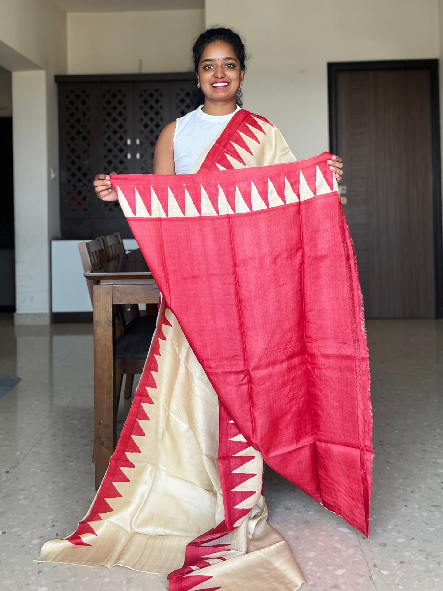 Cream and Red Tussar Silk Saree with Prints