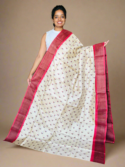Cream and Red Tussar Silk Saree with Prints
