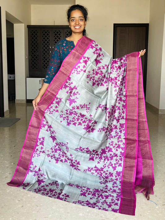 Grey and Rani Pink Tussar Silk Saree with Prints