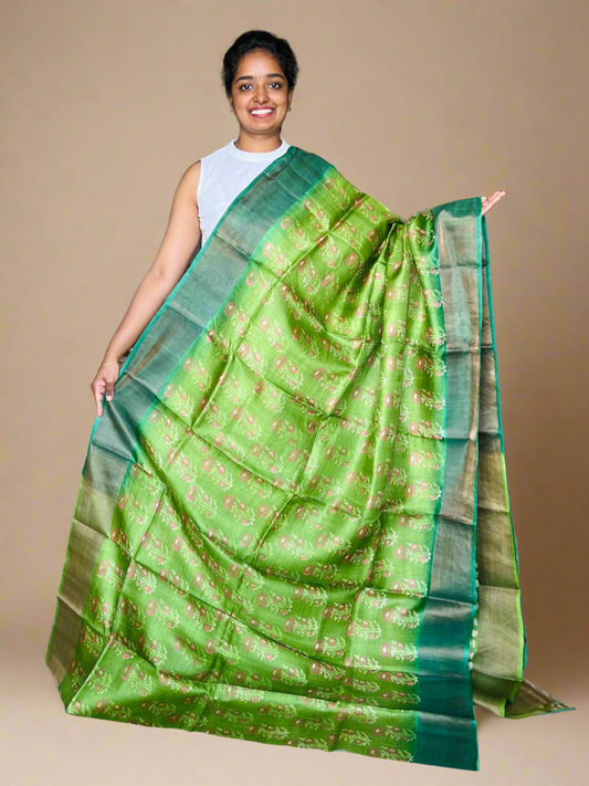 Green Tussar Silk Saree with Prints