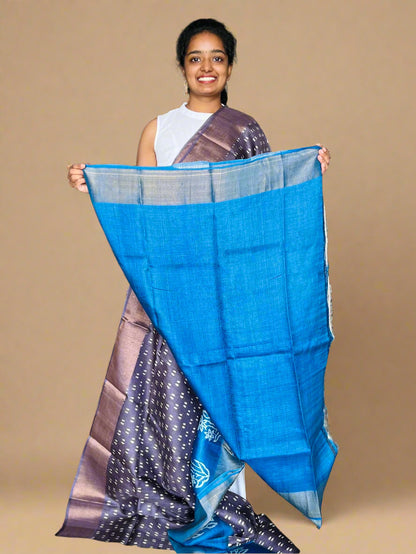 Plum and Blue Tussar Silk Saree with Print
