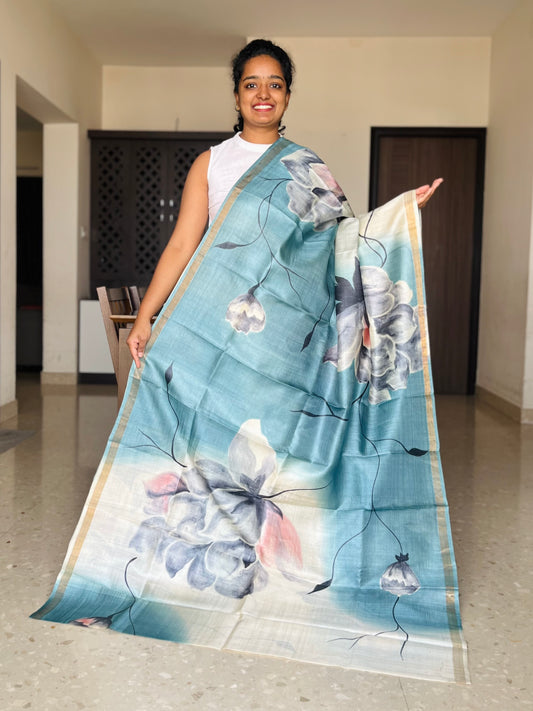 Cream and Grey Tussar Silk Saree with Prints