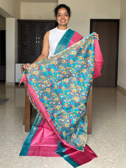 Pink and Blue Tussar Silk Saree with Prints