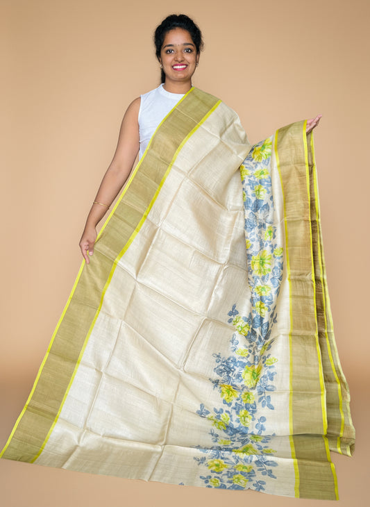 Cream and Yellow Tussar Silk Saree with Prints