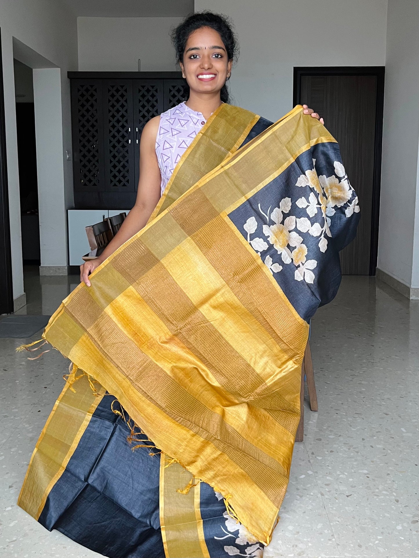 Black and Mustard Tussar Silk Saree with Prints