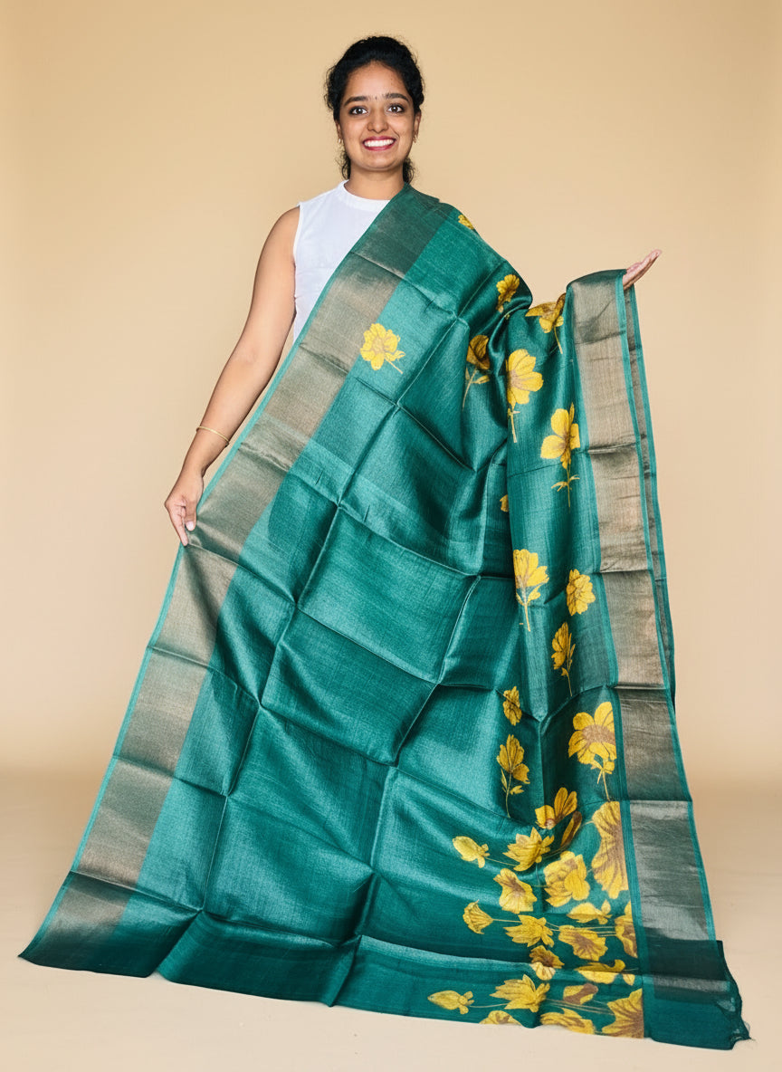 Dark Green Tussar Silk Saree with Prints